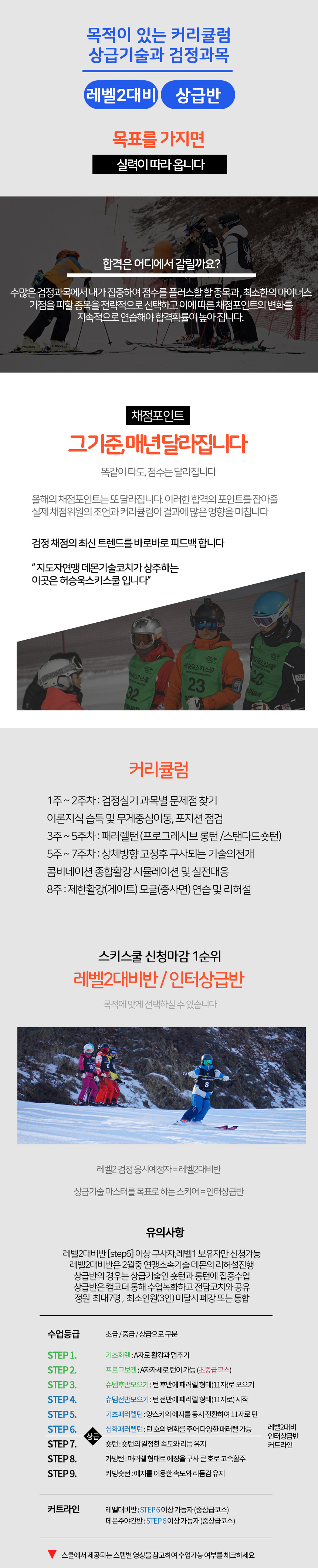 합격은 어디에서 갈릴까요? 전략적으로 선택하여 이에 따른 채점포인트의 변화를 지속적으로 연습해야 합격률이 높아집니다. 그 기준은 매년 달라집니다. 최신 트렌드를 바로바로 피드백해주는 이 곳은 허승욱 스키스쿨입니다. 총 8주에 거쳐 커리큘럼이 진행되며 수업 등급은 초급/중급/상급으로 구분됩니다. 이 외에도 스쿨에서 제공되는 스텝별 영상을 참고하여 수업가능 여부를 체크하세요.